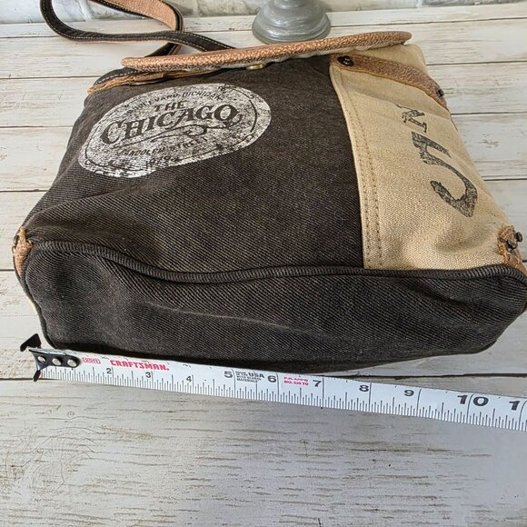 Myra Chicago Canvas Leather Crossbody Bag Distressed Boho Upcycle Grunge - Picture 5 of 7